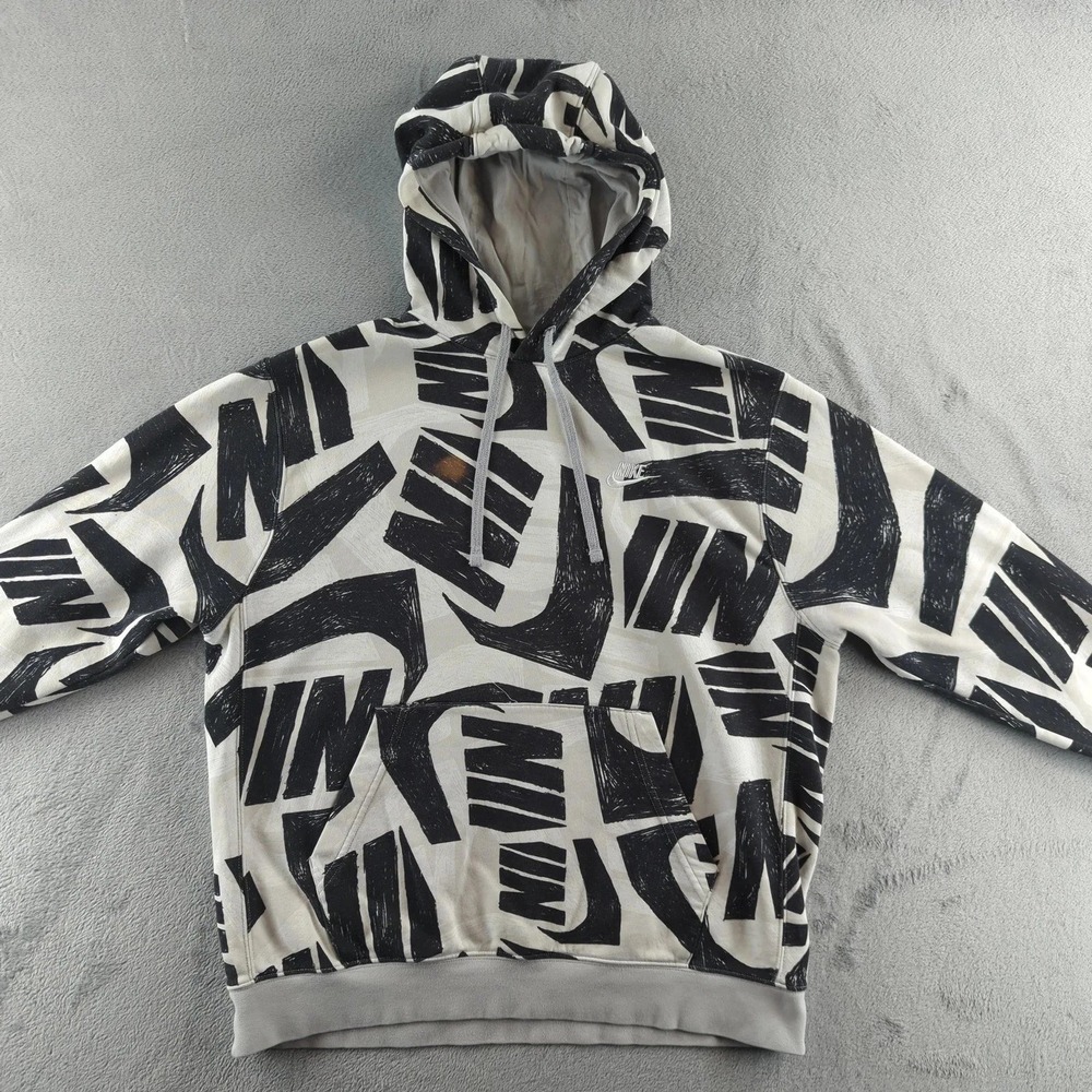 Nike Hoodie Mens Large White Black All Over Print Sweatshirt Pullover Cotton - Picture 10 of 12